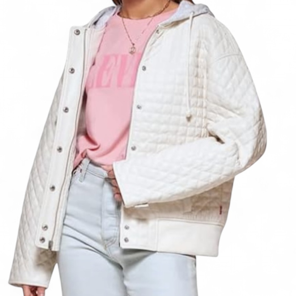 LEVI’S Quilted Faux Leather Bomber Zipper Snap Jacket Hooded Preppy Indie Size S